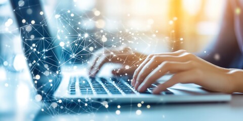 A person typing on a laptop, with a digital overlay of connected lines and nodes.