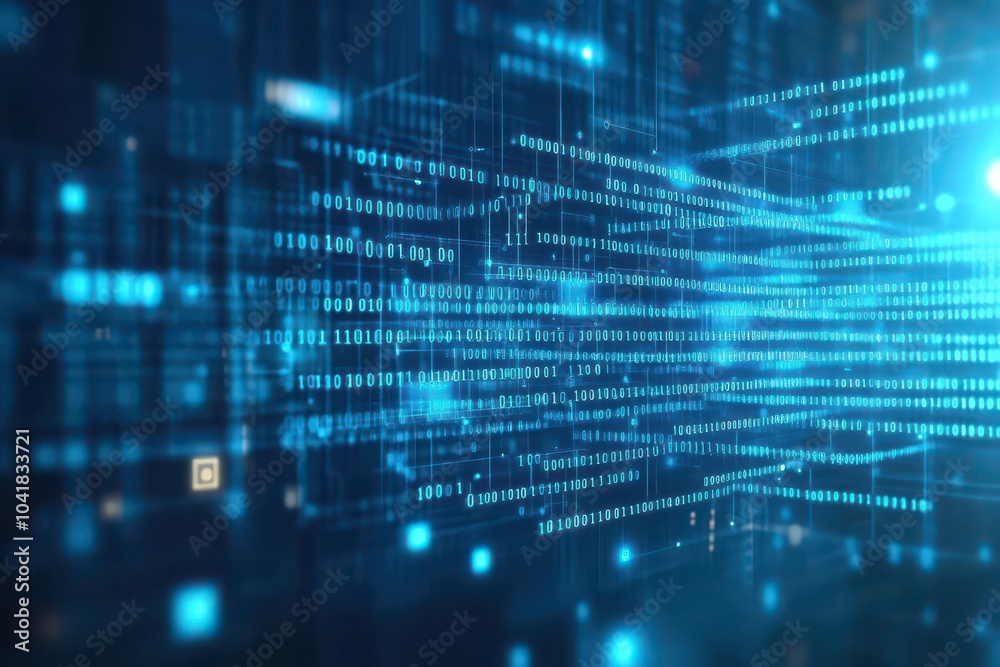 Poster Flowing binary data, electric blue grid, futuristic tech backdrop
