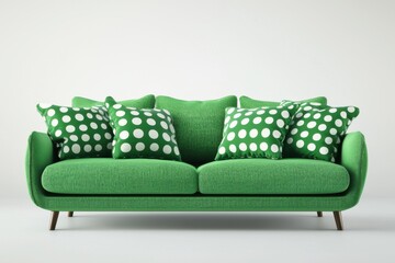 Obraz premium A vibrant green sofa adorned with white polka dot cushions, perfect for adding a playful touch to modern interior decor.