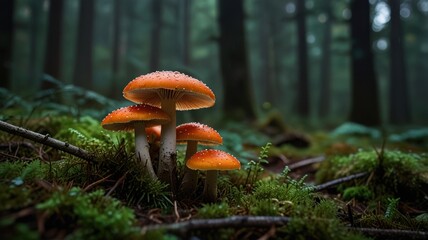 Fototapeta premium A cluster of vibrant orange mushrooms with white spots emerge from the mossy forest floor, their caps glistening with raindrops. 