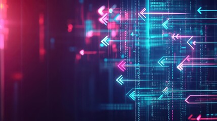 Fototapeta premium Floating arrows, luminous neon, abstract tech background, geometric data flow, dark futuristic design