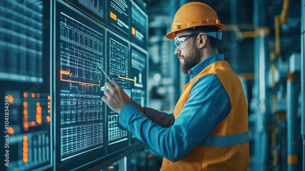 Poster Engineer configuring a renewable energy system dashboard, side view  Controlling the balance of energy resources Digital tone, Complementary Color Scheme