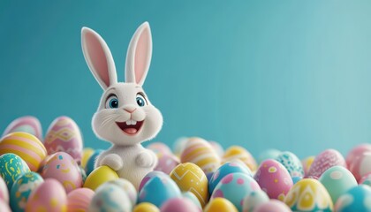 Happy cartoon rabbit standing among colorful Easter eggs on a bright background