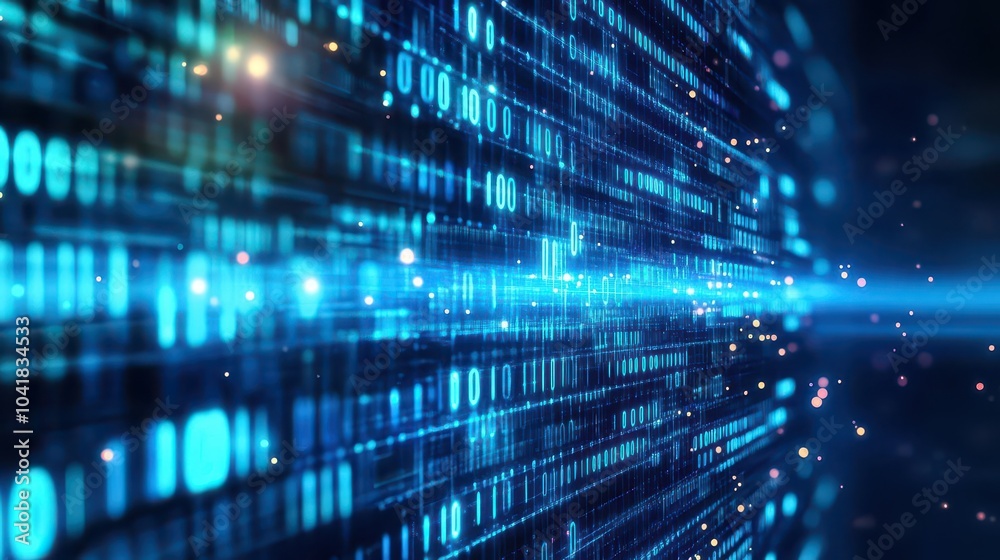 Poster electric blue binary flow, holographic data grid, hightech background
