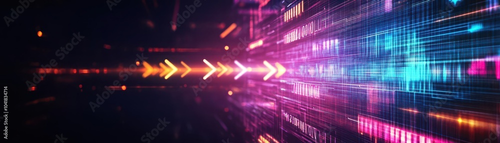 Aufkleber dynamic arrows, glowing neon, abstract tech grid, digital flow, futuristic holographic display