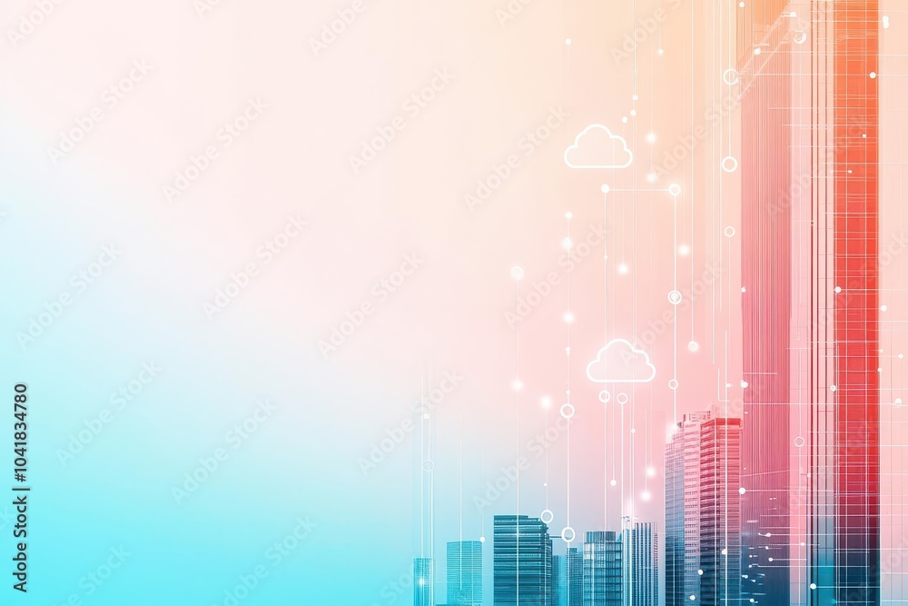 Aufkleber dots floating between smart city buildings, connected by sleek gradient lines, symbolizing cloudbase