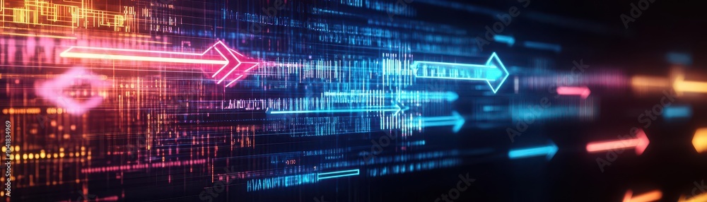 Poster digital arrows, glowing neon, abstract tech grid, futuristic data flow, hightech design