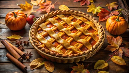 A Homemade Pumpkin Pie with a Lattice Crust, Nestled Amongst Autumn Leaves and Cinnamon Sticks on a Rustic Wooden Table