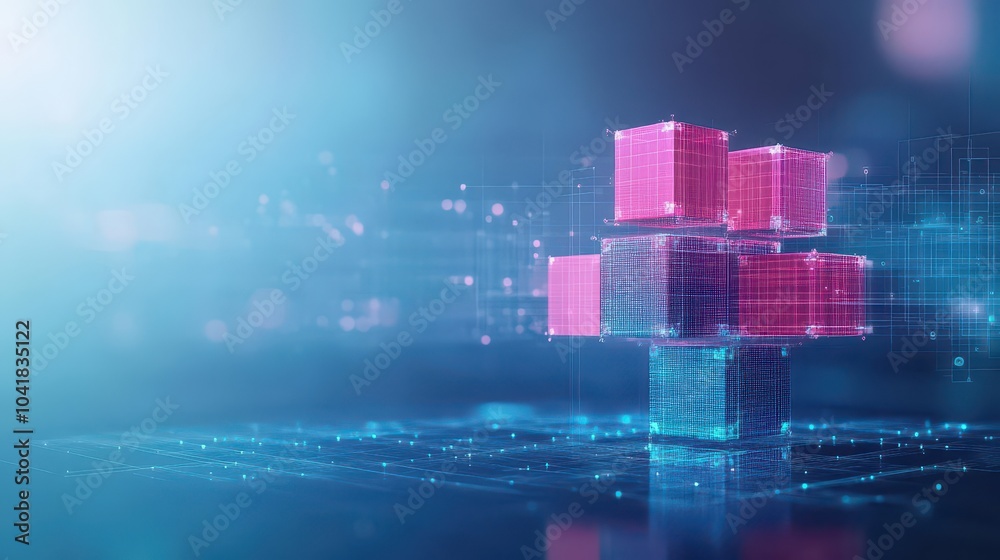 Poster Cubic geometric shapes stacked in layers with a holographic digital effect, front view Represents the building blocks of AI systems Advanced tone Splitcomplementary color scheme