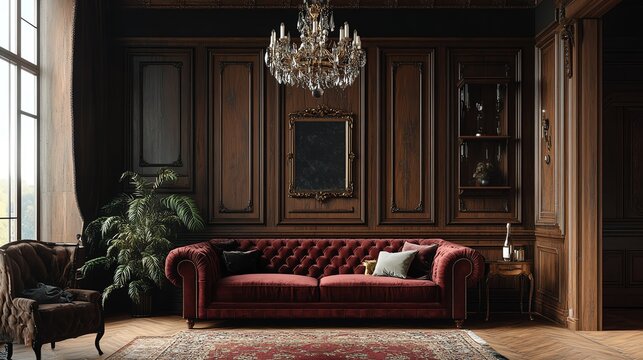 Classic elegant living room with a deep burgundy velvet sofa, crystal chandelier, and ornate woodwork, elegant classic living room, timeless and opulent