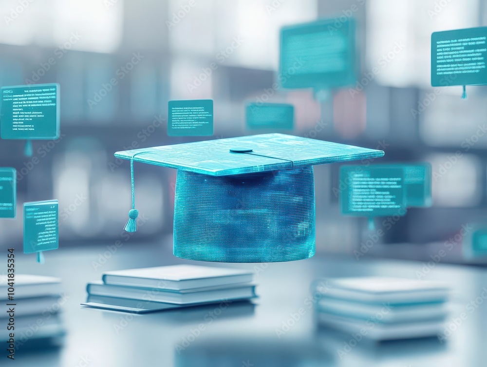 Poster closeup of a holographic bachelor cap, digital textbooks floating in midair, aidriven design, sharp 