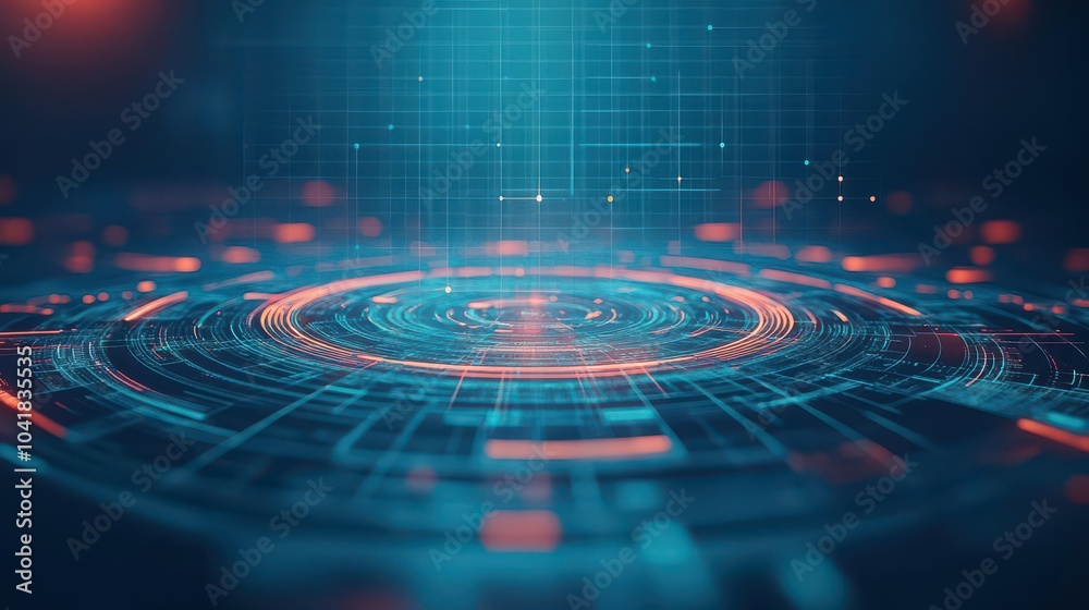 Fototapete Circular and square shapes intersecting in an organized, abstract tech grid, front view Represents data synchronization Futuristic tone Triadic Color Scheme
