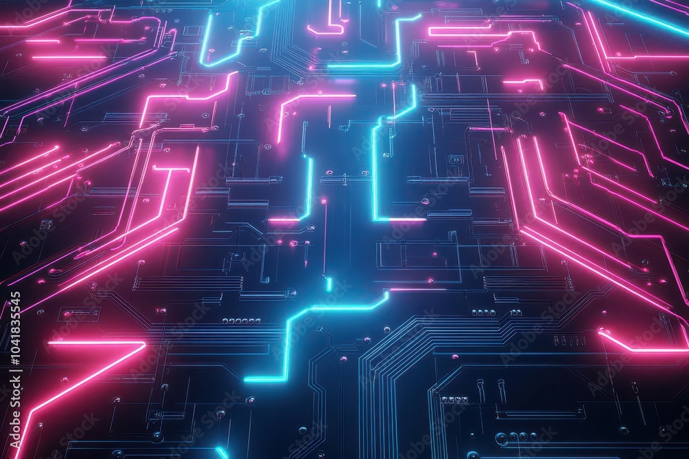 Poster Circuit board with glowing neon lines flat design top view smart healthcare theme 3D render Splitcomplementary color scheme