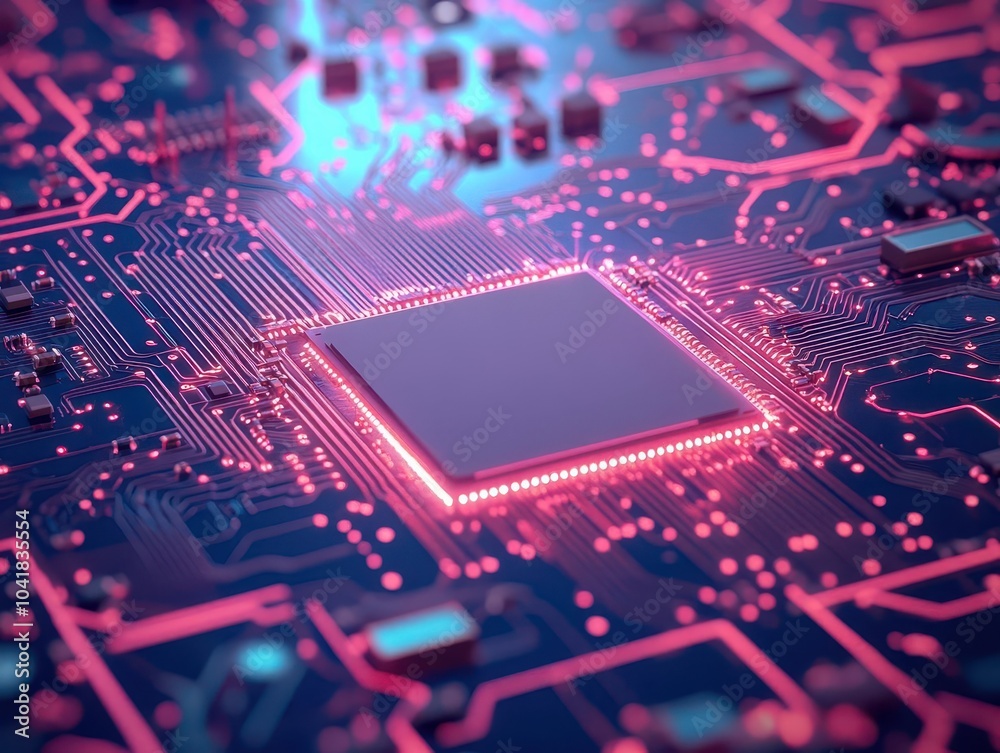 Aufkleber Circuit board with glowing lines flat design top view quantum computing theme 3D render Triadic Color Scheme