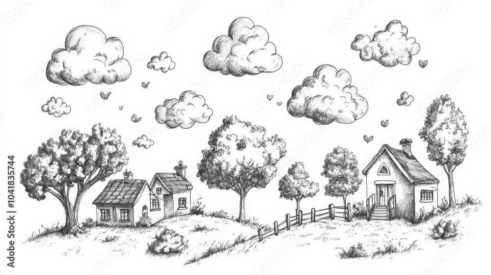 Poster A collection of quick sketches features charming houses, fluffy clouds, and simple trees, conveying a lighthearted and serene atmosphere. Generative AI