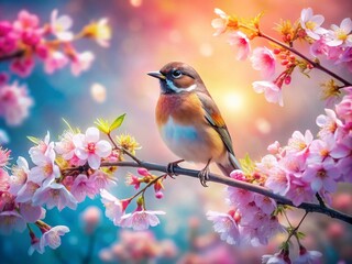 Fototapeta premium Double Exposure of Wallow Bird on Cherry Tree Branch - Nature's Beauty Captured
