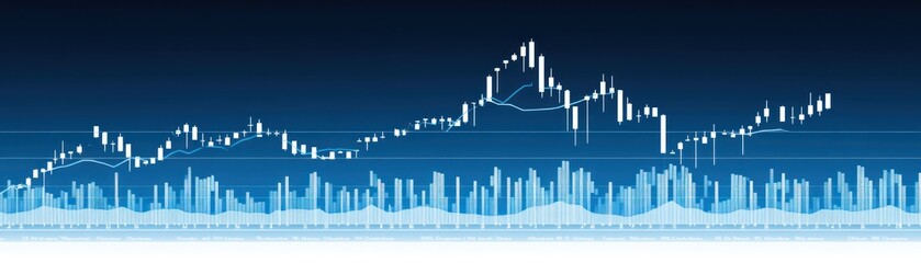 A financial chart showing market trends with candlestick patterns and volume indicators.