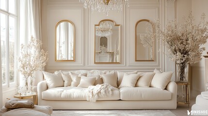 Elegant living room with a soft beige sofa, crystal chandelier, and goldframed mirrors, elegant beige sofa, sophisticated and luxurious