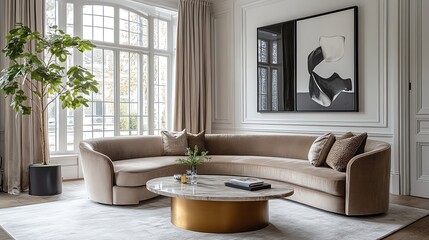 Elegant living room with a soft taupe velvet sofa, brass coffee table, and marble accents, elegant taupe sofa, modern and sophisticated