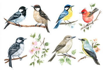 Fototapeta premium A creative set of European wild birds, such as blackbirds, woodpeckers, and nightingales, all hand-painted in soft watercolor. Each bird is isolated on a white background, perfect for natural decor