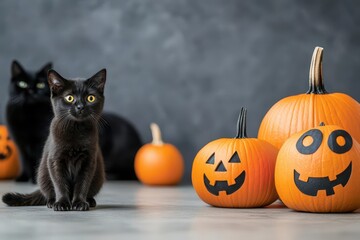 Boo in bright orange with spooky pumpkins, black cat in the background