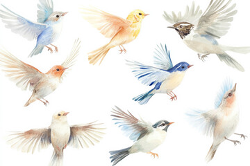 Obraz premium A delicate watercolor illustration of songbirds, including canaries, wrens, and titmice, in different flying and perching poses. Each bird is carefully isolated on a white background, ideal for wild