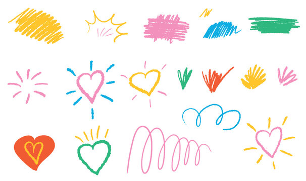 Vector Set of Line movement elements. Hand drawn brush colorful doodle expression shapes, lines, heart, graphic effects background for text in childish style