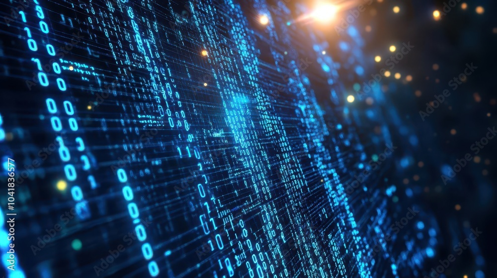 Poster Blue glowing binary code, digital stream, futuristic tech network
