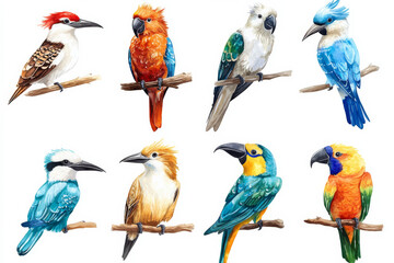 Obraz premium A vivid watercolor set of Australian birds, featuring kookaburras, cockatoos, and lorikeets. Each bird is hand-painted and isolated on a white background, perfect for creative nature decor and design