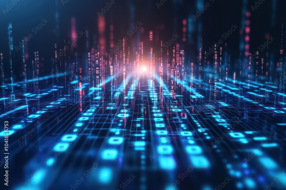 Poster Binary sequence, neon blue grid, tech matrix, abstract data flow