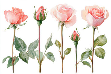Obraz premium A graceful watercolor set featuring realistic pink roses in various stages of bloom, from buds to full flowers. Hand-painted with soft, elegant hues, isolated on a white background, perfect for use in