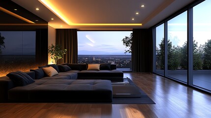 Modern elegant living room with a dark velvet sectional sofa, polished wood flooring, and sleek lighting, elegant modern living room, rich and refined