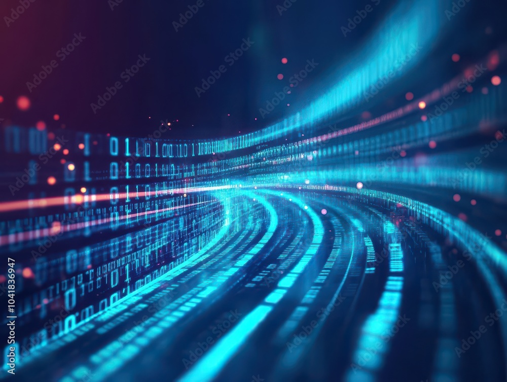 Poster Binary code river, abstract blue stream, futuristic tech matrix