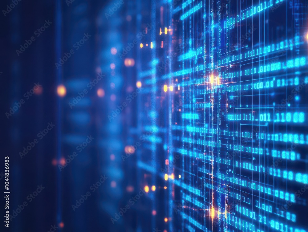 Aufkleber binary code, blue data stream, neon glow, futuristic cyber background