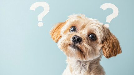 Small dog with tilted head and two question marks above, conveying curiosity on a light blue background