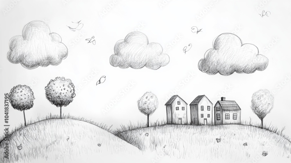 Poster A whimsical hand-drawn illustration features simple objects like fluffy clouds, playful trees, and cozy houses against rolling hills. Generative AI