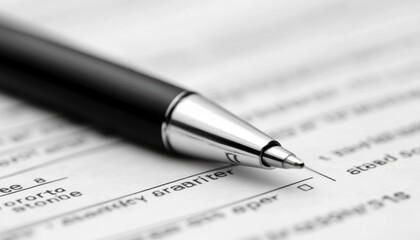 Close-up of a pen resting on a blank document with checkboxes during paperwork review