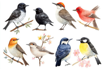 Fototapeta premium A creative set of European wild birds, such as blackbirds, woodpeckers, and nightingales, all hand-painted in soft watercolor. Each bird is isolated on a white background, perfect for natural decor