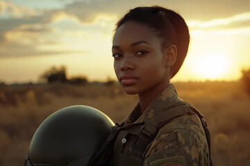 A young Black female soldier in uniform, standing confidently with her helmet tucked under her arm, against a dramatic sunset background. Her face reflects strength and dedication, a symbol of pride