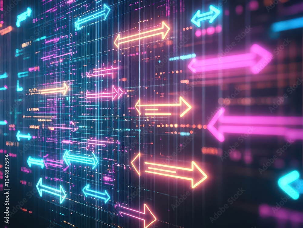 Aufkleber Abstract glowing arrows, neon tech patterns, futuristic data streams, digital flow, sleek dark design