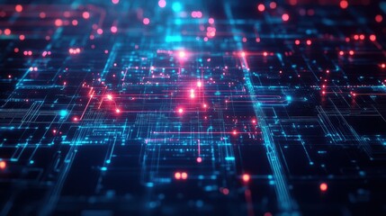 Fototapeta premium Abstract smart city map with glowing dots and gradient lines marking IoT hotspots, top view, scifi tone, Tetradic color scheme