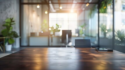 Obraz premium Modern office space with large windows and warm sunset lighting