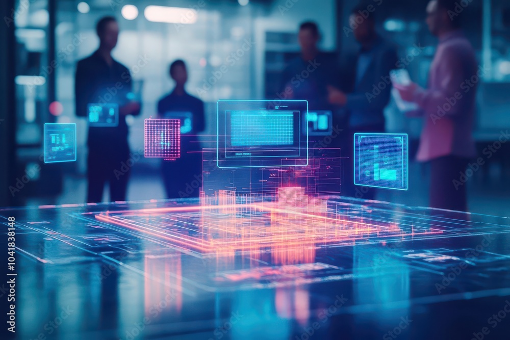 Poster A glowing holographic product pitch presentation, team standing around a futuristic table with floating AR product models, high contrast neon lights, Futuristic, 3D
