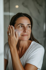 A middle-aged Brazilian woman gently washing her face in a minimalist bathroom, the clean lines and simple design enhancing the freshness of her morning routine.