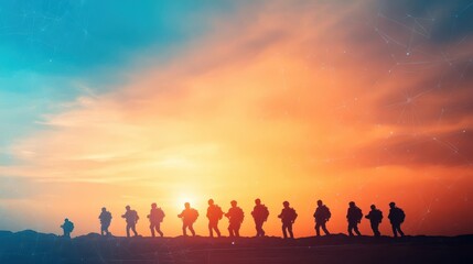 Fototapeta premium A group of silhouetted workers marching through a desert landscape, against a bright sky, futuristic scifi style, orange and blue tones
