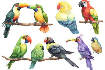 Naklejka premium A detailed watercolor set of rainforest birds, featuring colorful toucans, parakeets, and tropical finches. Isolated on a clean white background, this vibrant set is perfect for wild nature-inspired