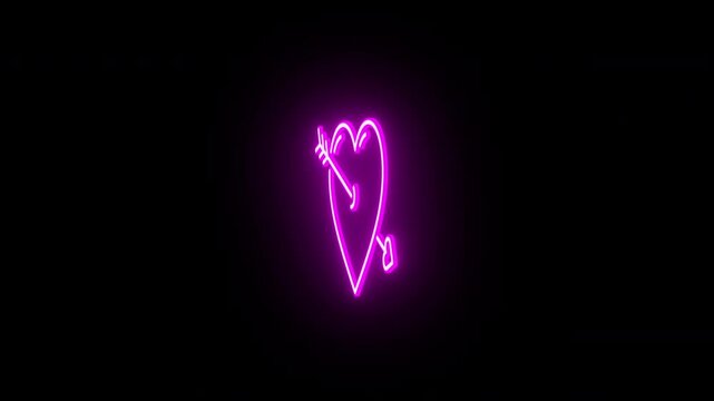 Neon love heart animation, rotation around vertical axis. Glowing neon 3D heart with cupid arrow, looped spin. Sweet love and passion, romantic date, amore, love feeling. Purple, pink, red colors