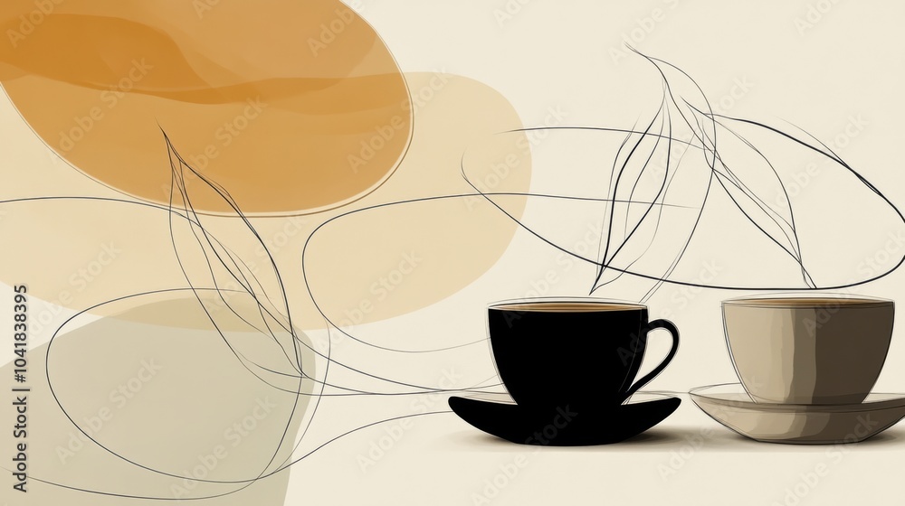 Poster The artwork features flowing lines that echo the shapes of tea leaves and cups, creating a tranquil atmosphere in warm hues. Generative AI