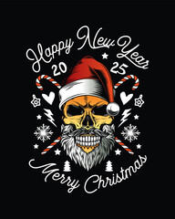 Skull with beard and mustache in Santa Claus hat. Christmas and New Year poster. Original vector illustration in vintage style. T-shirt design.