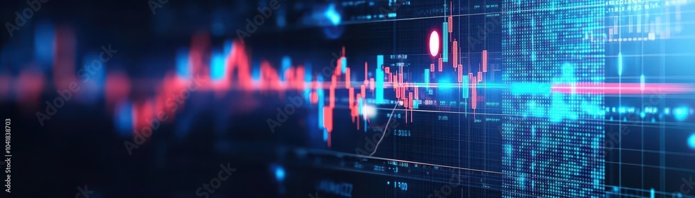 Poster 3d holographic stock chart showing roi trends, virtual glowing data points, digital dashboard, blue 